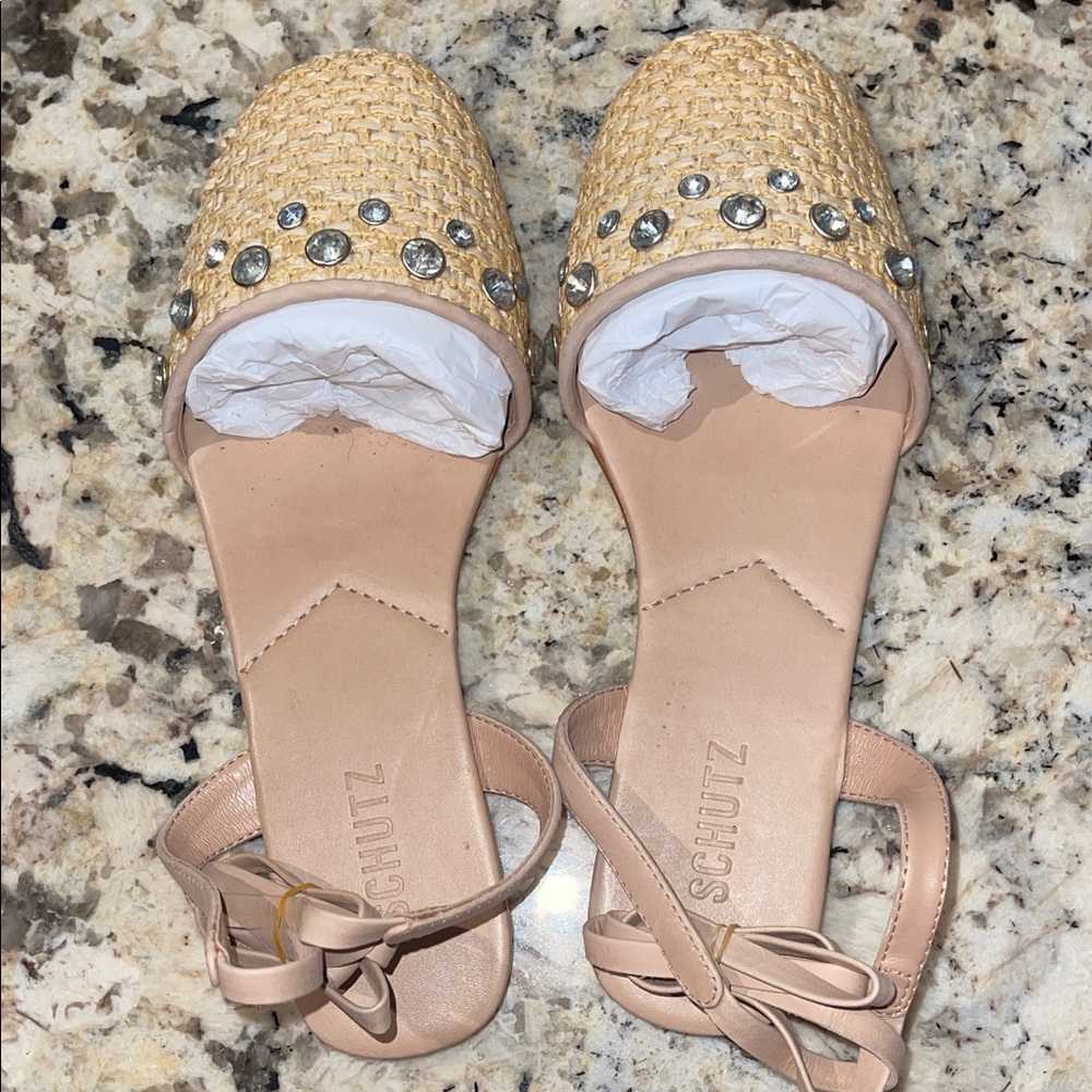 SCHUTZ Tan and Gold Espadrille Sandals